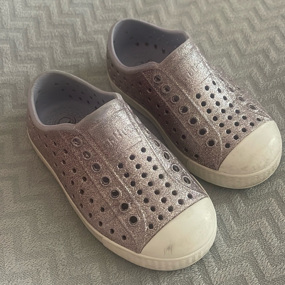 Natives size C8. Purple sparkly girls slide ons